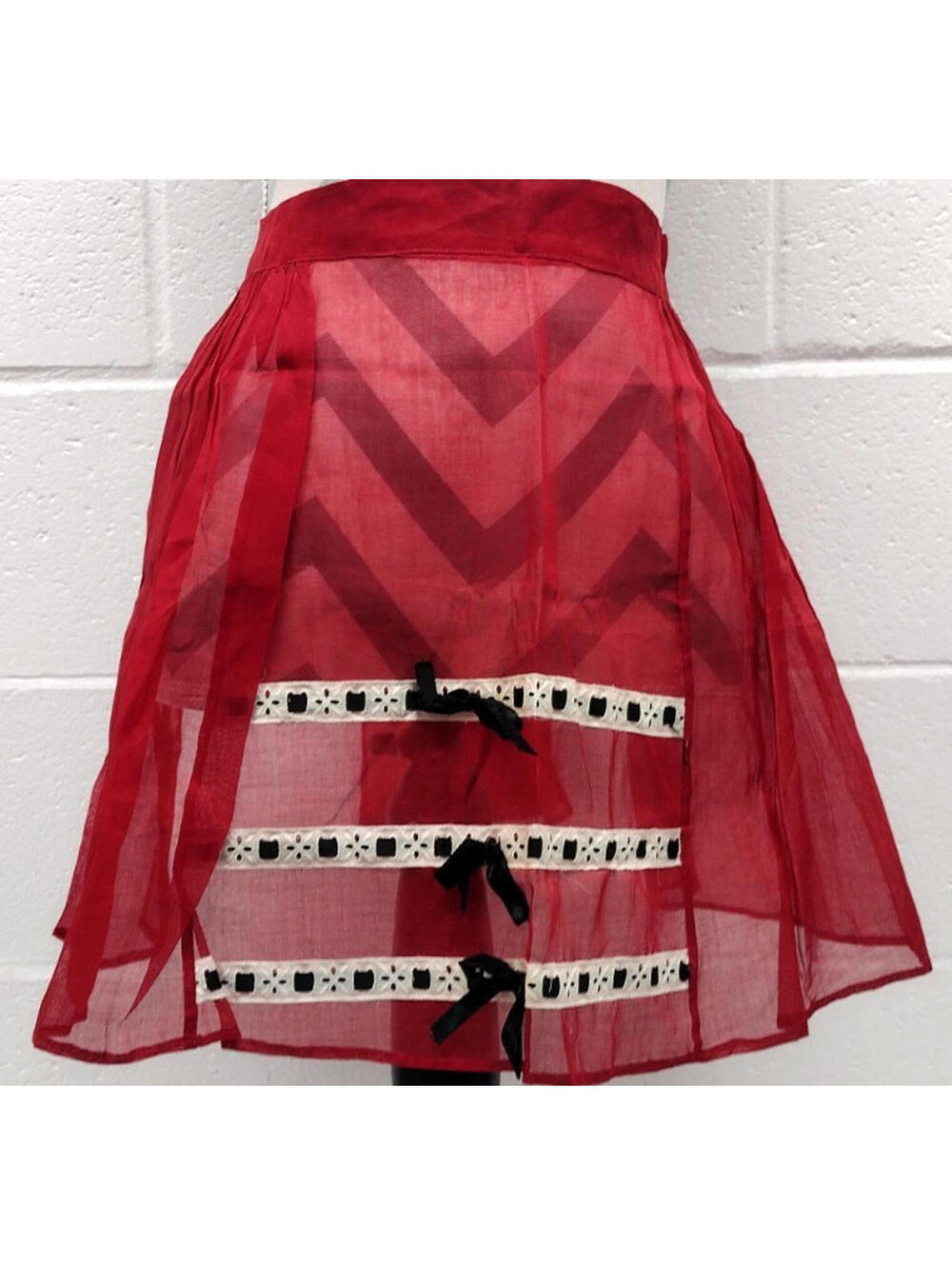 1950s Red Lingerie Organza Silk Apron M/L Sheer Sexy Rockabilly Black Satin Bows